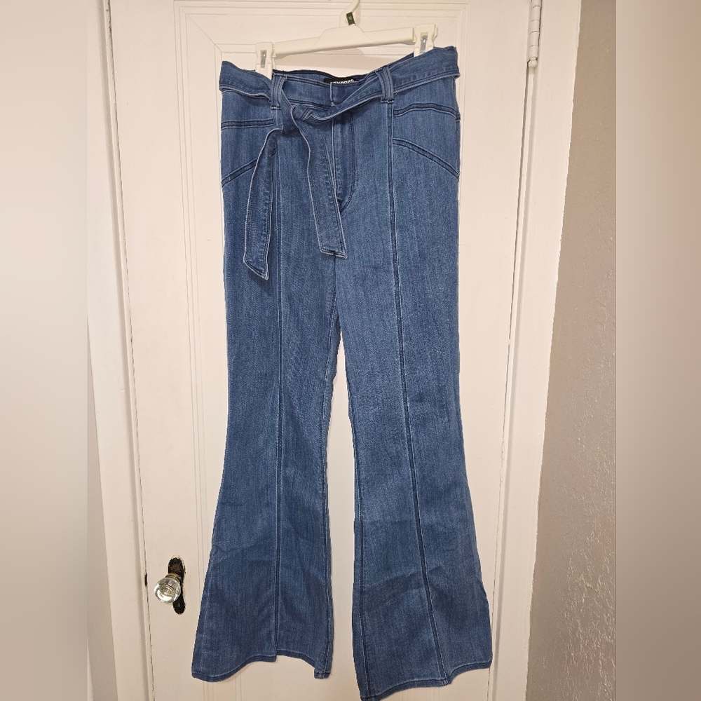 Express Stretch Denim Flare Jeans with Tie Belt Size 10